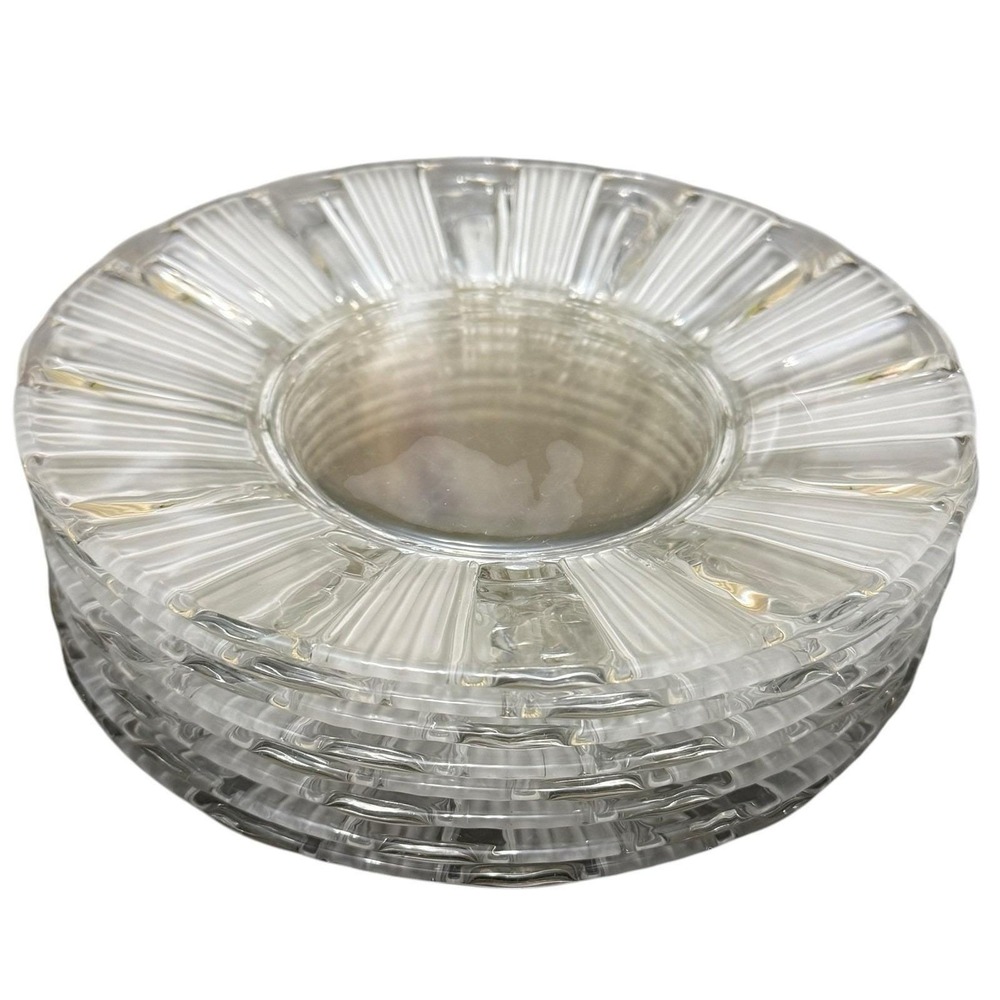 Set of 8 Vintage Clear Glass Salad Dessert Plates Ribbed Sunburst Pattern 8"